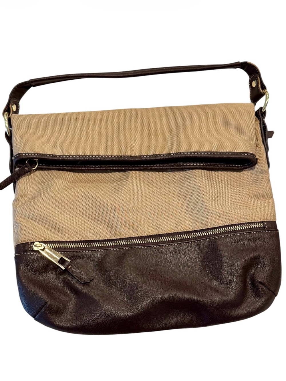 Vintage Franco Sarto Canvas Leather Fold Over Shoulder Bag in Beige/Dark Brown